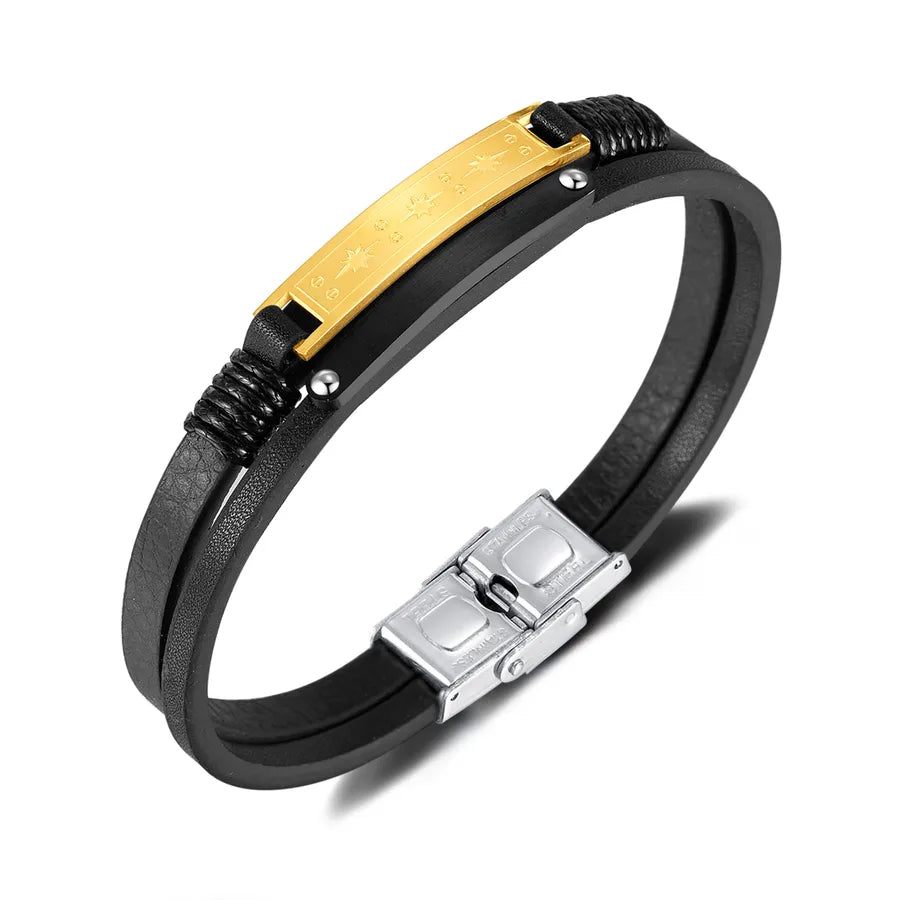 Vintage Style Geometric 304 Stainless Steel Pu Leather Men's Bangle