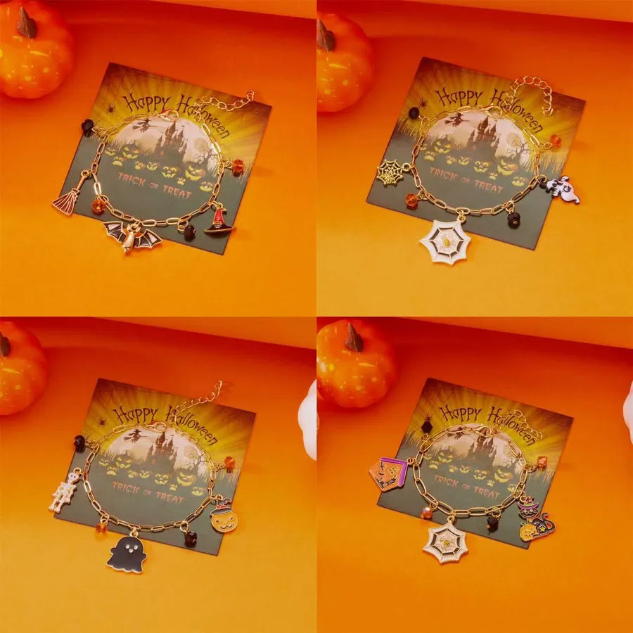 Halloween Elements Pumpkin Devil Paper Card Metal Bracelet Dark Style Cartoon Design Alloy Material Women's Fashion Jewelry