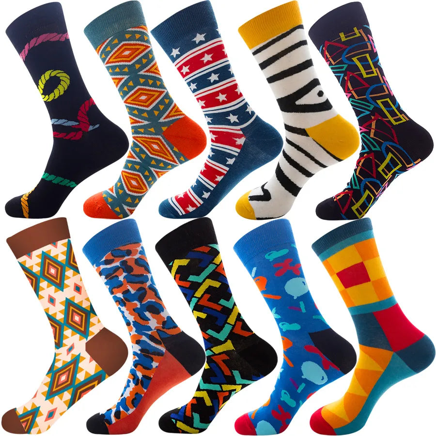 Men's Modern Style Classic Style Color Block Stripe Fruit Cotton Crew Socks A Set of 10 Pairs