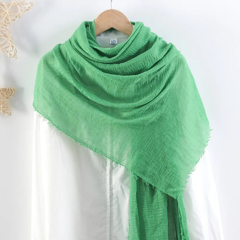 Hot selling solid color pleated cotton and linen scarf  women's bag headscarf crumpled hair fringe bubble scarf women's scarf cover head