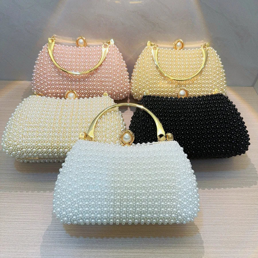 White Beige Black Polyester Solid Color Pearls Evening Bags