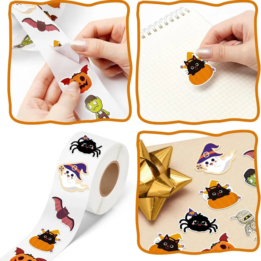 Halloween Sticker Roll Cute Pumpkin Ghost Skeleton Spider Bat Self Adhesive Label Flower Paper Material Non-drying Glue