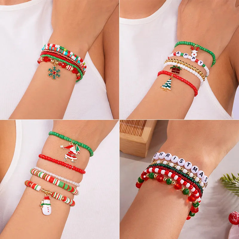 Handmade Christmas Themed Beaded Bracelet Set For Women Soft Clay Snowflake Letter Bracelets  Style