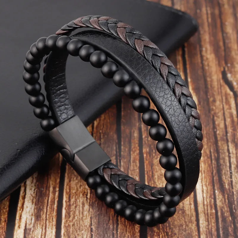 retro punk geometric pu leather natural stone beaded knitting men's bracelets
