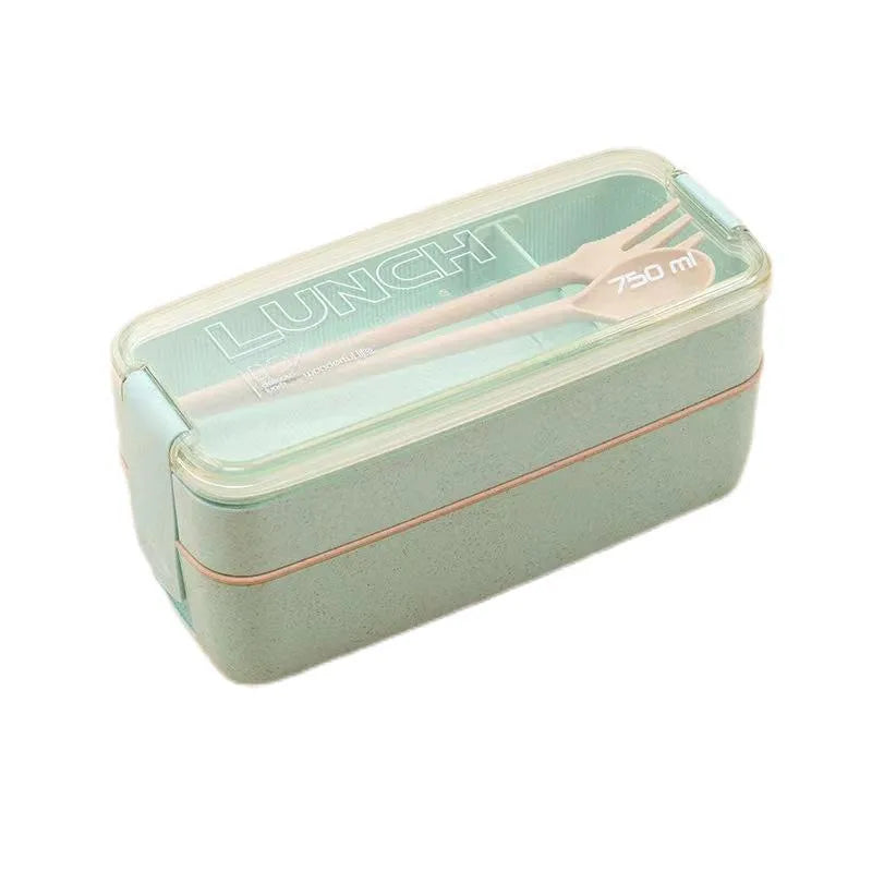 Square three-layer wheat straw fiber plastic lunch box student adult lunch box with tableware can be customized logo