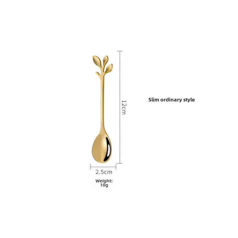 Stainless Steel Leaf Spoon Creative Golden Leaf Coffee Spoon Dessert Spoon Fruit Fork Cake Fork Wholesale Gift Spoon