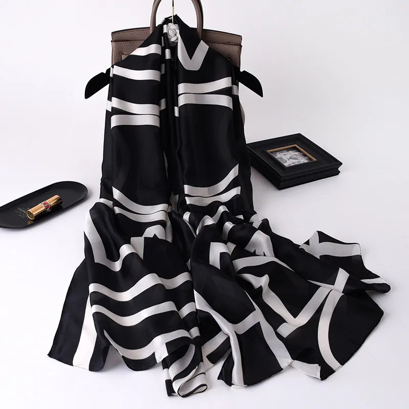 women's casual simple style stripe satin printing silk scarf