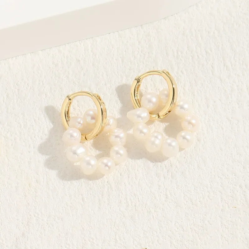 Hot Selling Freshwater Pearl Natural Stone Fashion Earrings  Style Elegant Luxury Copper Plated 14K Real Gold Earrings for Women
