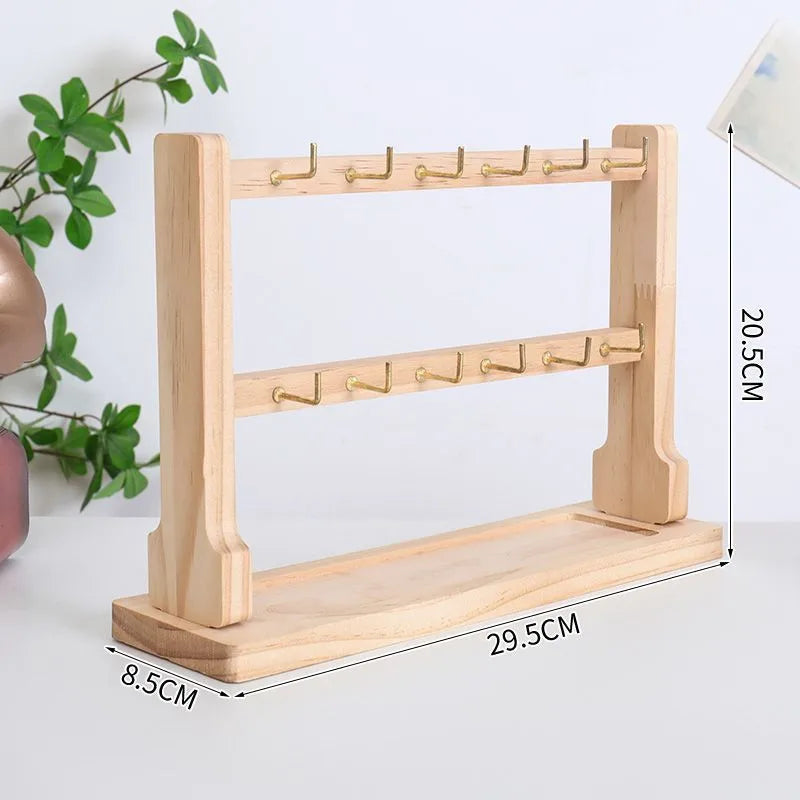 Wooden Jewelry Display Stand Earring Necklace Bracelet Organizer Artistic Style Market Stall Hook Keychain Holder Storage Rack