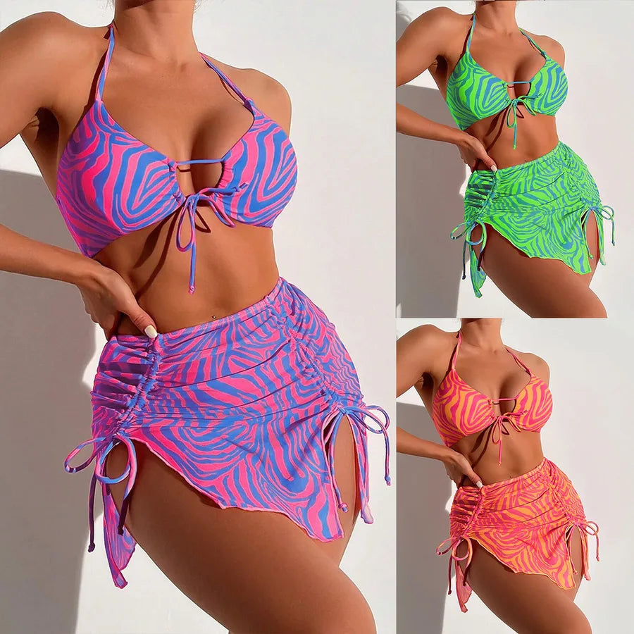 Women's Stripe Gradient Color 3 Pieces Set Bikinis Swimwear