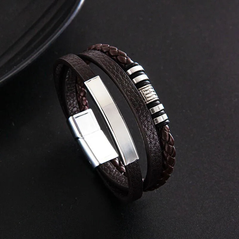 Hip-Hop Retro Geometric 304 Stainless Steel Pu Leather rope Men's Bracelets