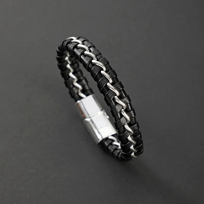 Vintage Style Classic Style Cross Pu Leather Titanium Steel Woven Chain Wrap Bracelets Wholesale