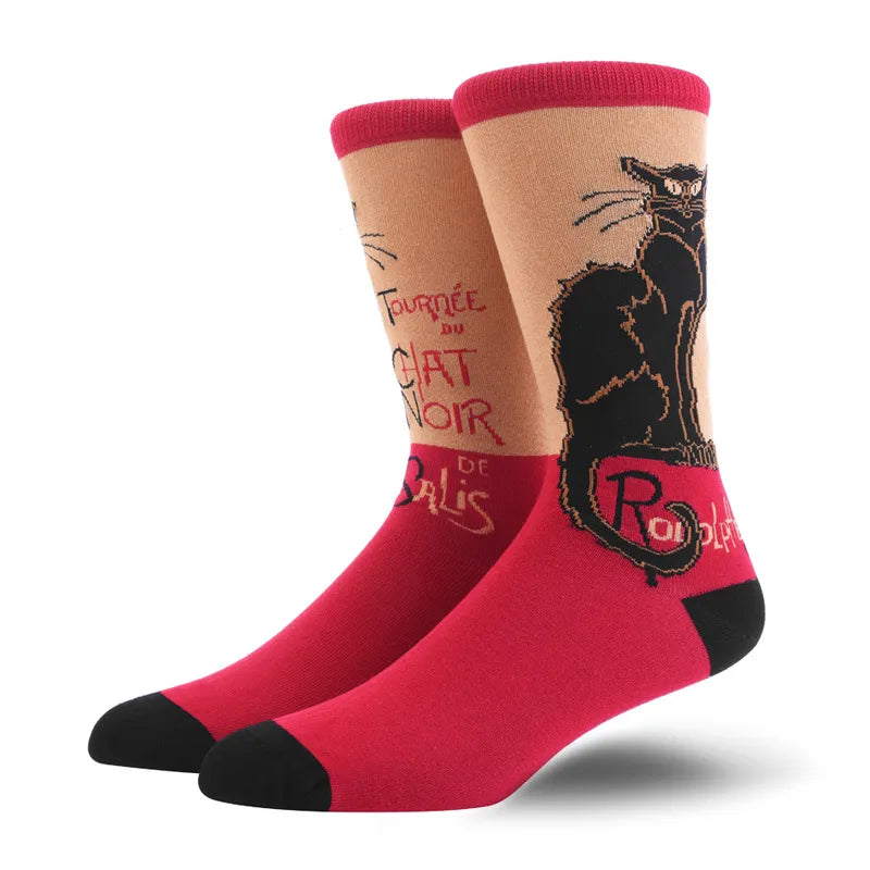men's fashion animal cat elk nylon cotton jacquard crew socks