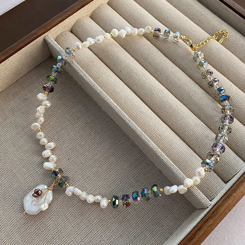 Freshwater Pearl Titanium Steel Beaded Chain Plating Irregular Geometric Necklace