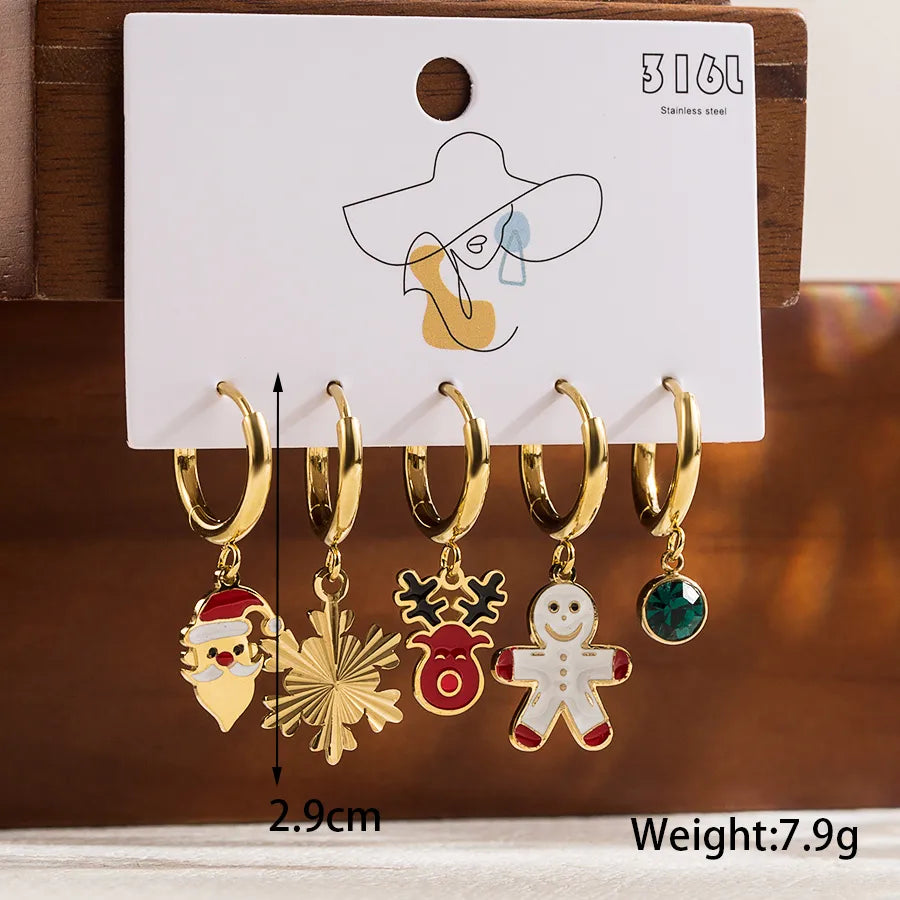 1 Set Christmas Cute Romantic Santa Claus Cattle Snowman Enamel Plating Inlay Stainless Steel Zircon Drop Earrings
