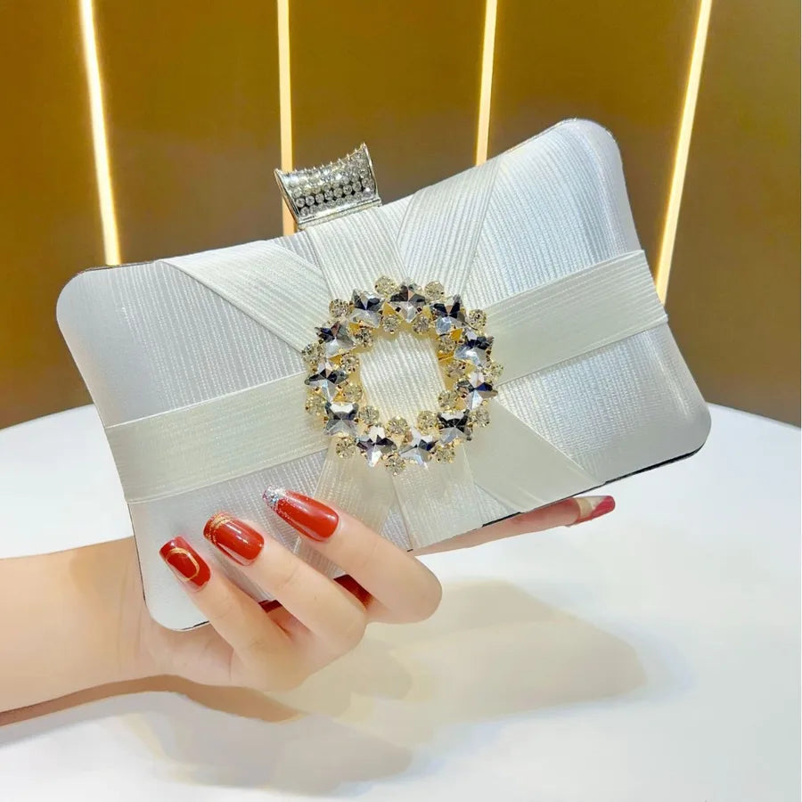Elegant Diamond Embellished Clutch Shoulder Crossbody Bag For Women Party Dinner Handbag Fashionable Lock Buckle Design Polyester Square Bag
