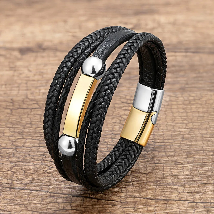 hip-hop punk geometric pu leather metal layered handmade metal button men's bracelets