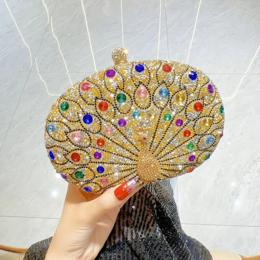 Green Silver Black Polyester Peacock Oval Evening Bags