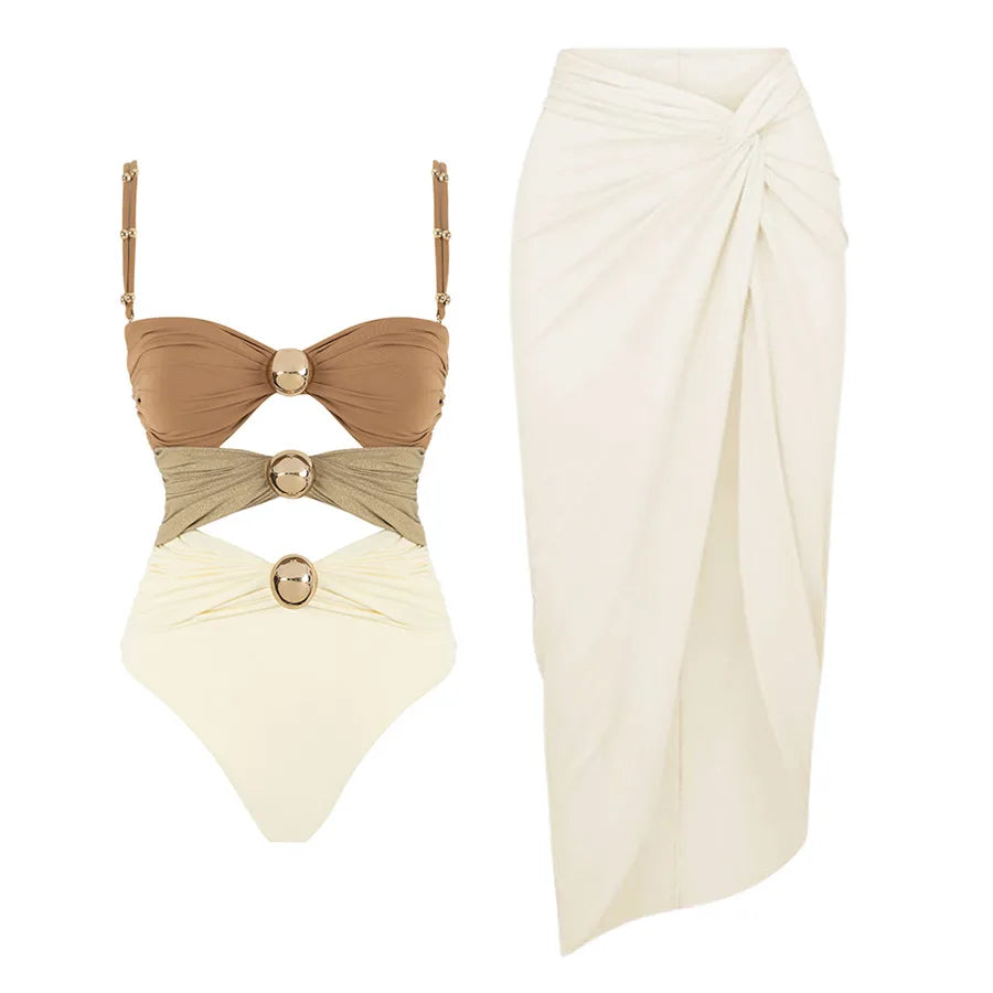 Women's Basic Classic Style Color Block 2 Pieces Set One Piece Swimwear