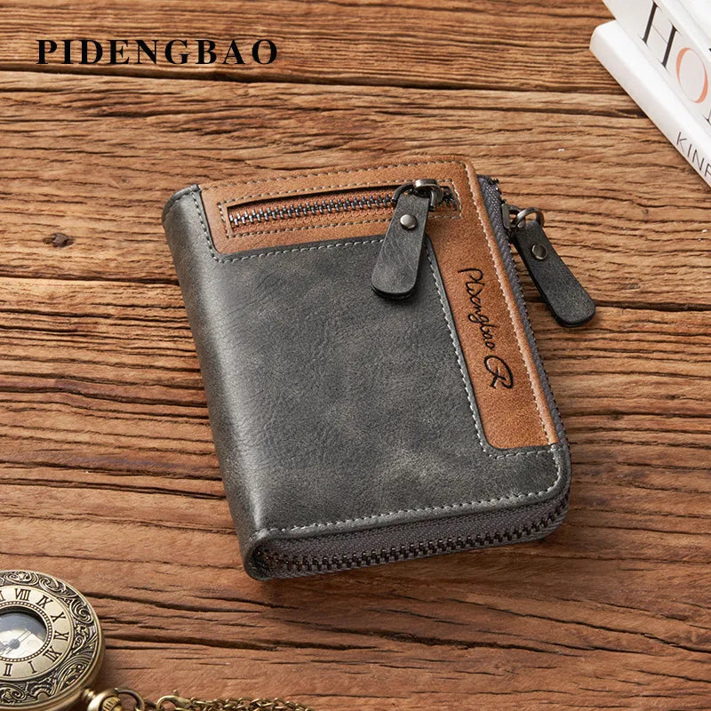 men's word pu leather zipper small wallets