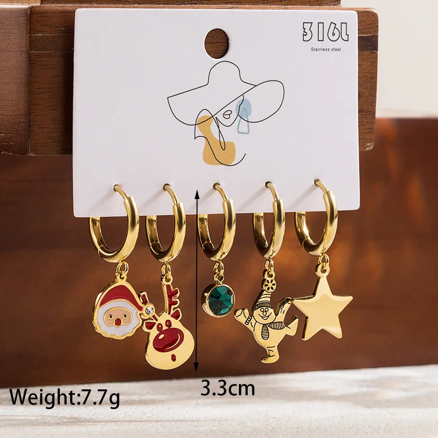 1 Set Christmas Cute Romantic Santa Claus Cattle Snowman Enamel Plating Inlay Stainless Steel Zircon Drop Earrings