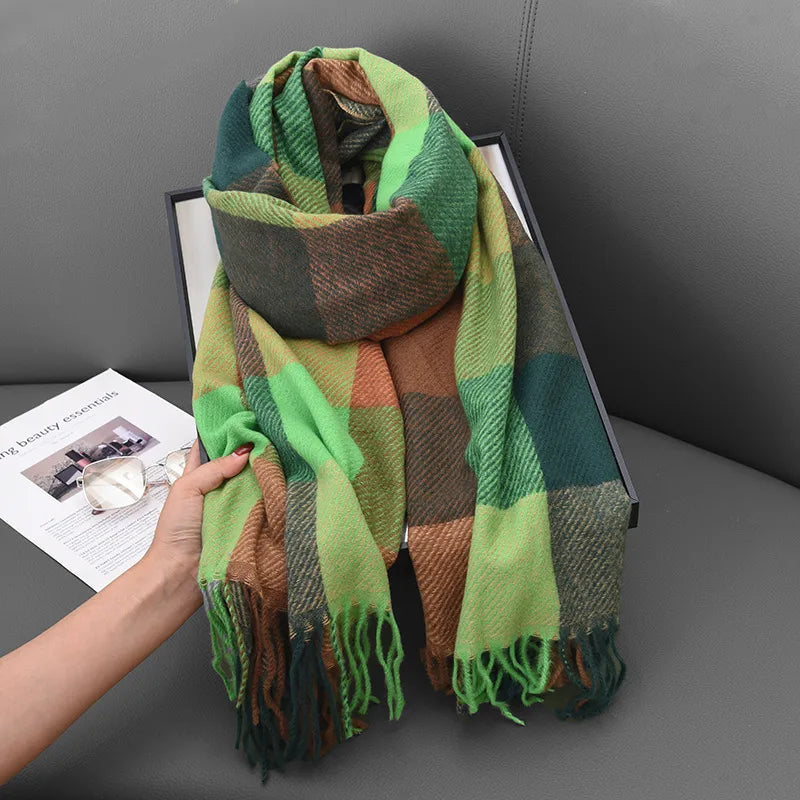 Women's Classic Style Plaid Imitation cashmere Tassel Scarf