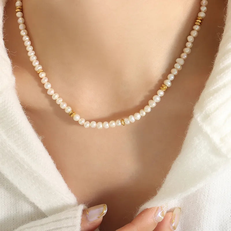 elegant irregular freshwater pearl titanium steel beaded plating necklace