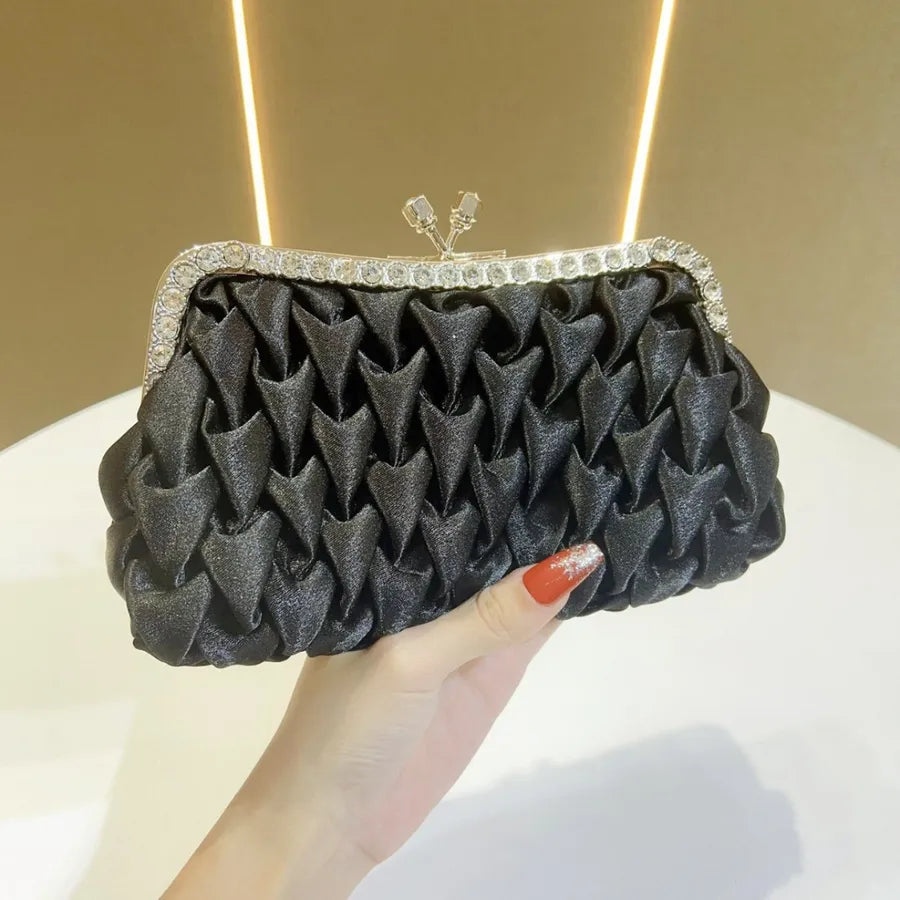 Elegant Silk Ladies Clutch Bag Diamond Embellished Evening Bag Wedding Bride Handbag Square Polyester Fashion Folded Design