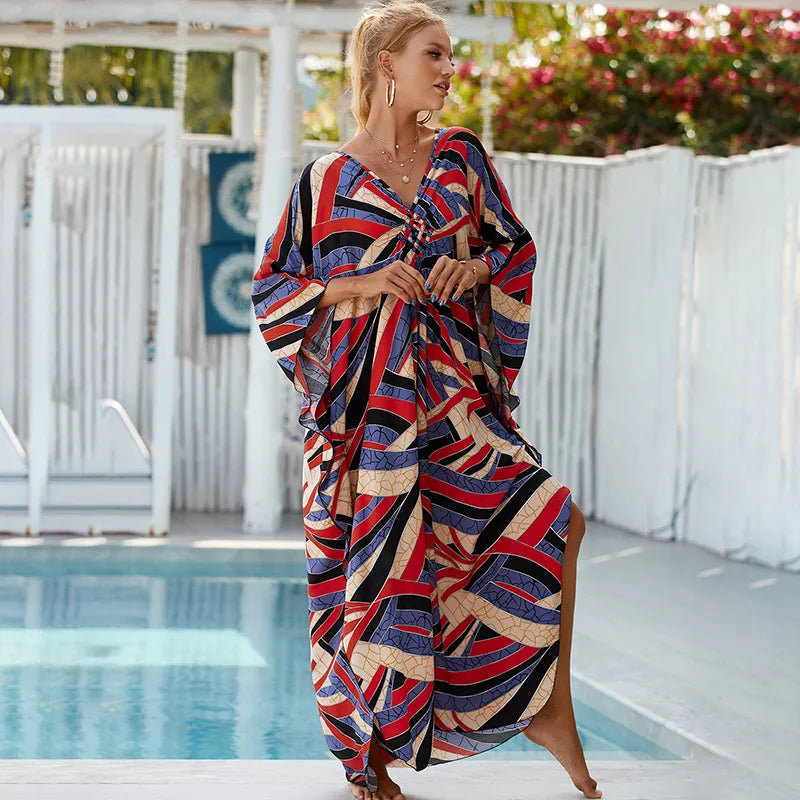 women's beach color block printing cover ups