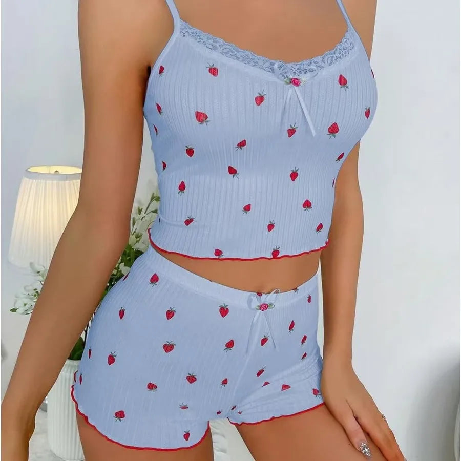 New Butterfly Knot Strap Shorts Set Women's Strawberry Print Lace Trim Two-Piece Polyester Milk Silk Home Wear Sleepwear