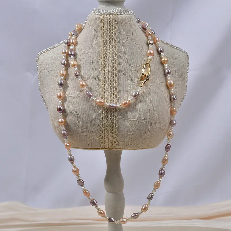 Natural Freshwater Pearl Necklace Women's Long Elegant Original Design Mixed Color Baroque Irregular Shape Straight Hole
