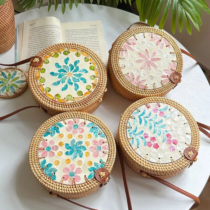 Women's Medium Rattan Floral Elegant Magnetic Buckle Dome Bag