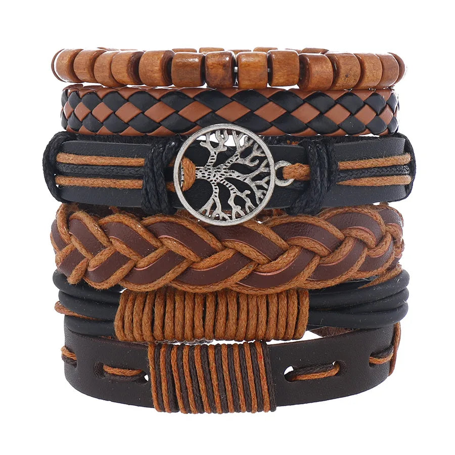 Retro Geometric Pu Leather Wooden beads Beaded Men's Bracelets