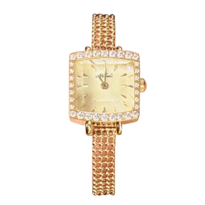 Quartz Ladies Watch  Mesh Band Vintage Small Square Elegant Diamond Embedded Wristwatch Fashionable Stainless Steel Band