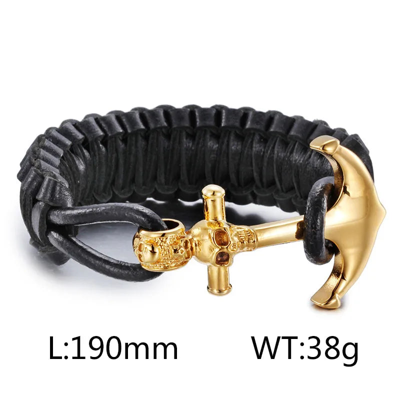 Hip-Hop Retro Color Block Pu Leather Titanium Steel Patchwork 18K Gold Plated Men's Bangle