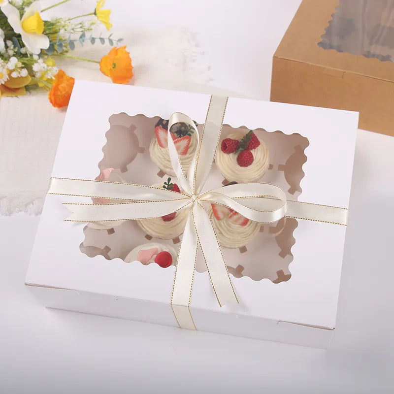 12-Pack Cupcake Boxes Pastry Baking Paper Transparent Window Cake Packaging Boxes Pastries Storage Simple Style Egg Tart Boxes