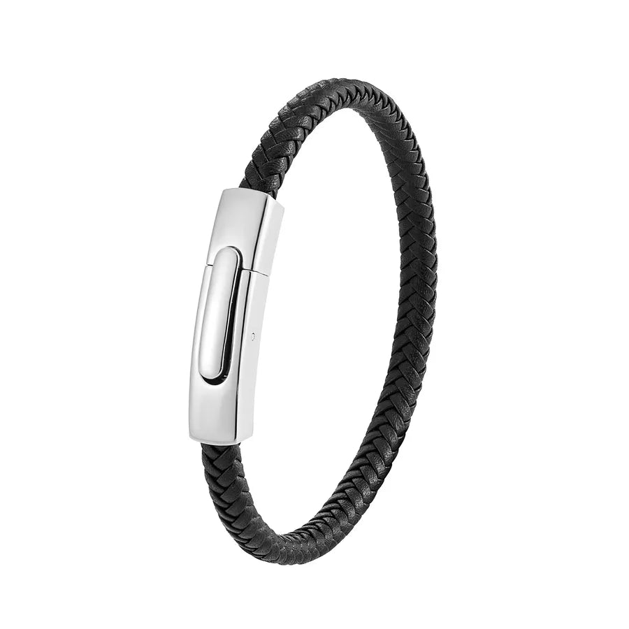 Business Hip-Hop Solid Color 316L Stainless Steel  Pu Leather Men's Bangle Men Cord & Leather Bracelets