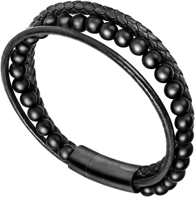 Trade Halloween Men Beads Leather Bracelet Natural Beads Steel and Leather Bracelet Gifts for Men
