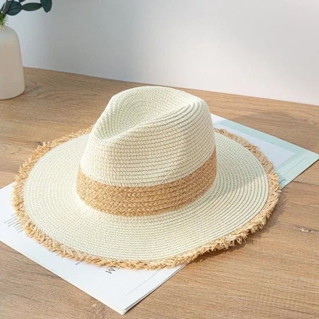 women's pastoral simple style color block big eaves straw hat