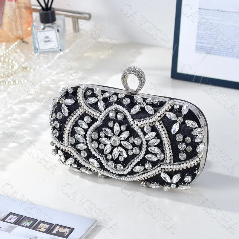 Handmade Beaded Diamond Evening Bag Clutch For Women Square Shape Lock Buckle Closure Polyester Material Embroidery Fashion Element
