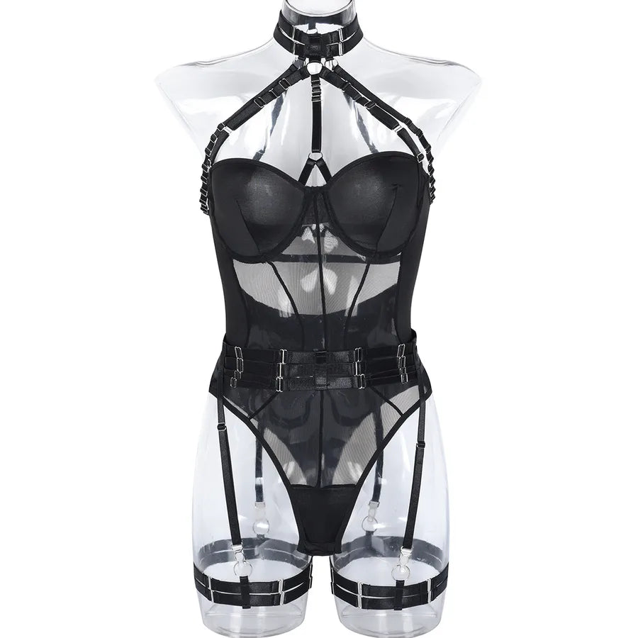 european station cross-border new sexy jumpsuit ins mesh strap stitching complex heavy craft neck sling leg ring