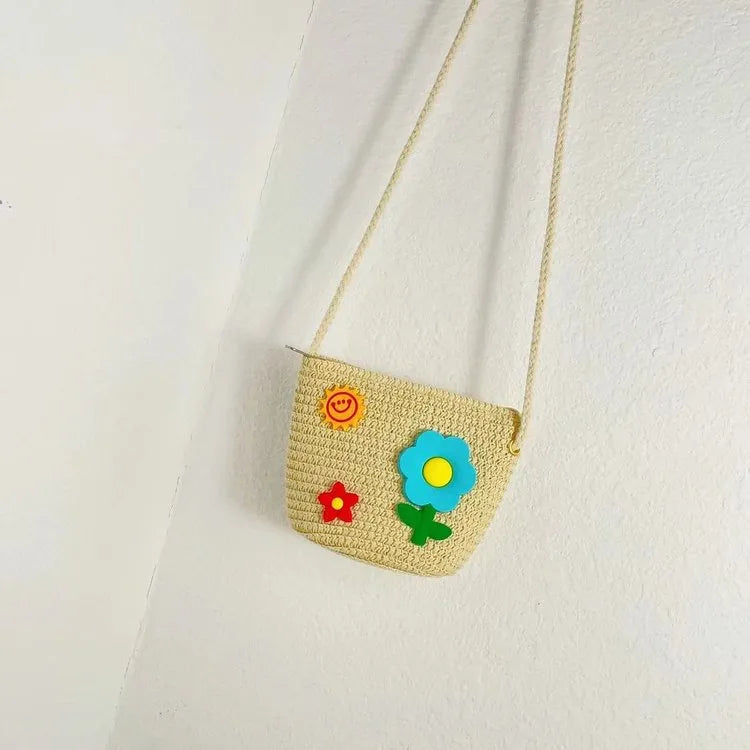Kid'S Straw Flower Cute Square Zipper Shoulder Bag