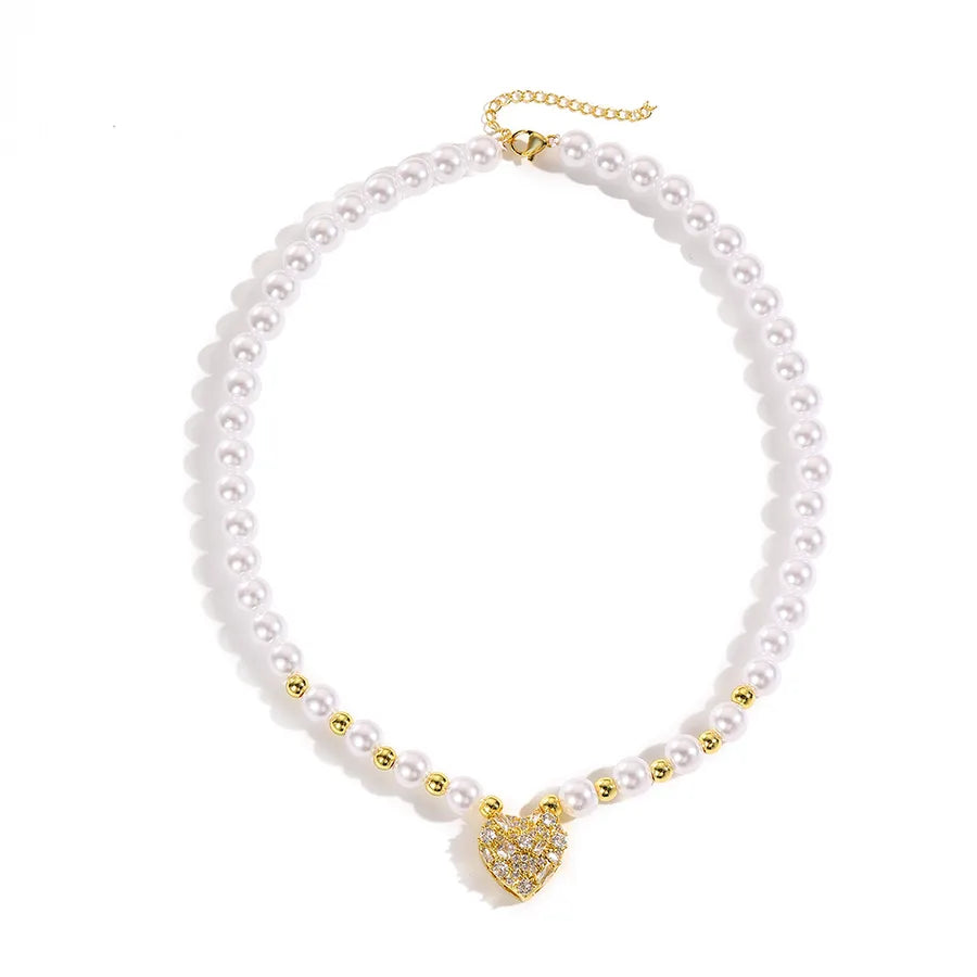 Elegant Lady Heart Shape 18K Gold Plated Zircon Artificial Pearl Copper Beaded Chain Beaded Necklaces Wholesale