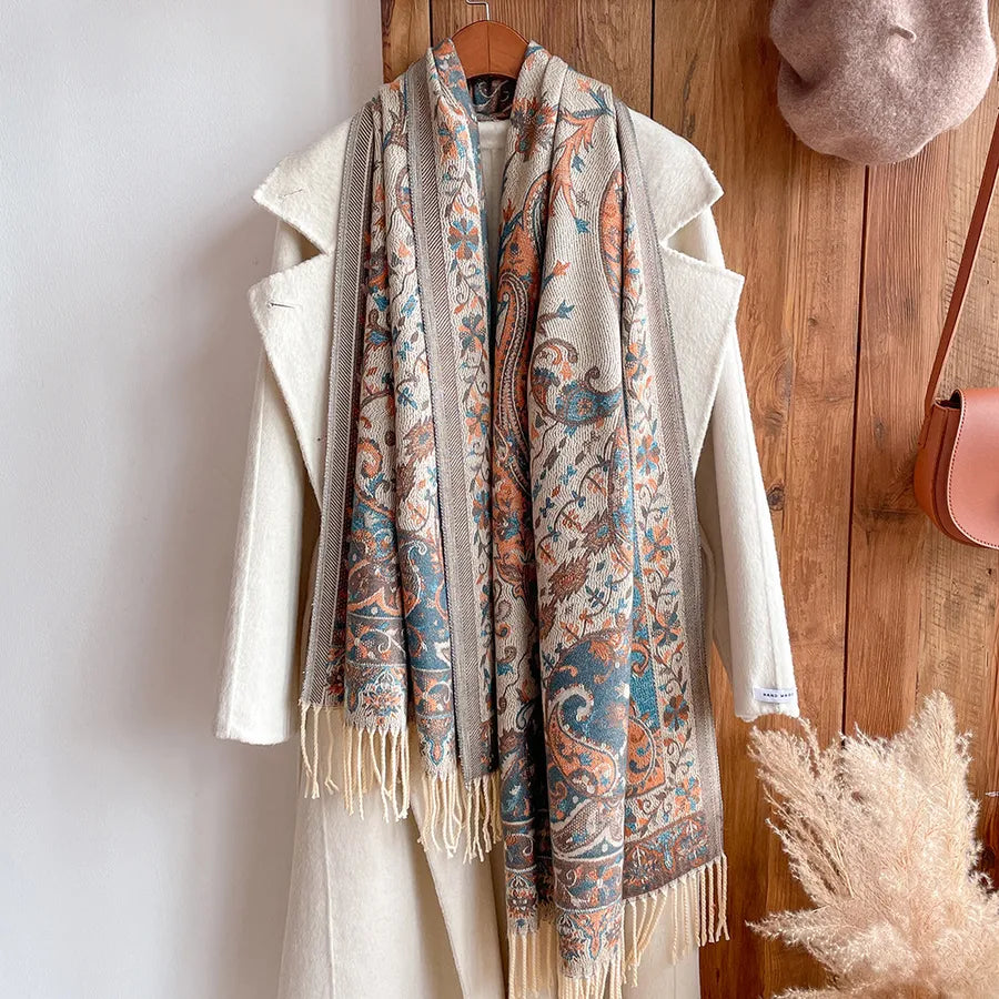 women's retro ethnic style color block imitation cashmere printing scarf