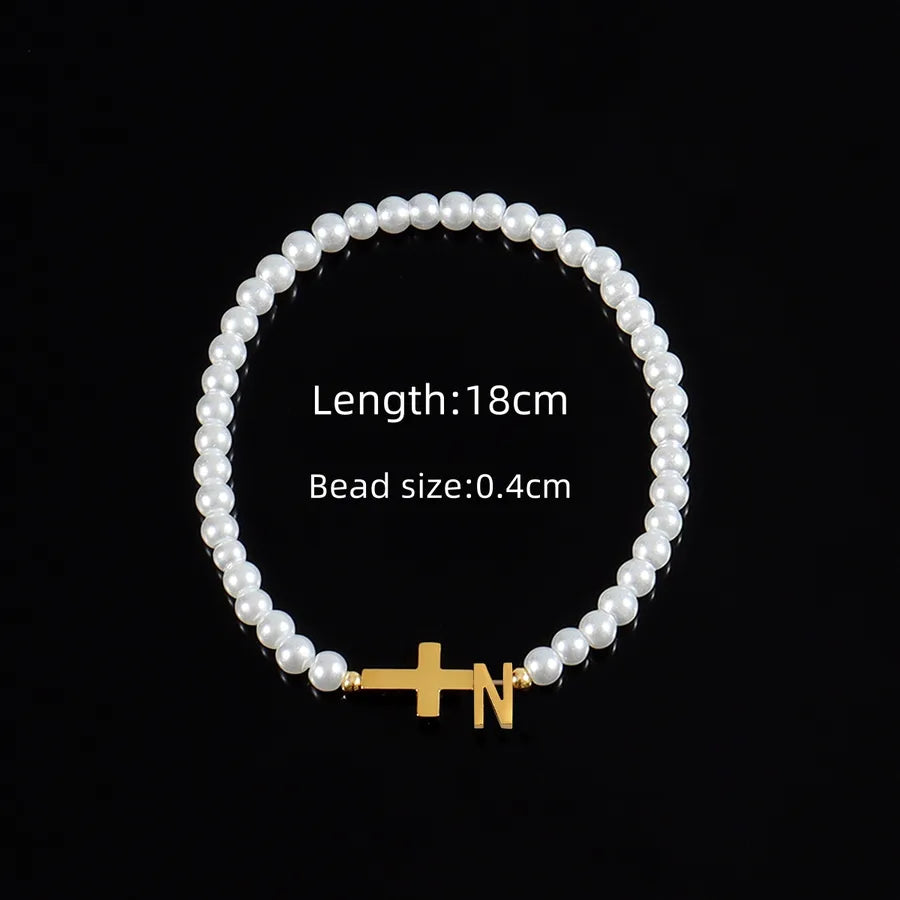 Classic Style Cross Letter 304 Stainless Steel Artificial Pearl Beaded Chain Beaded Bracelets Wholesale