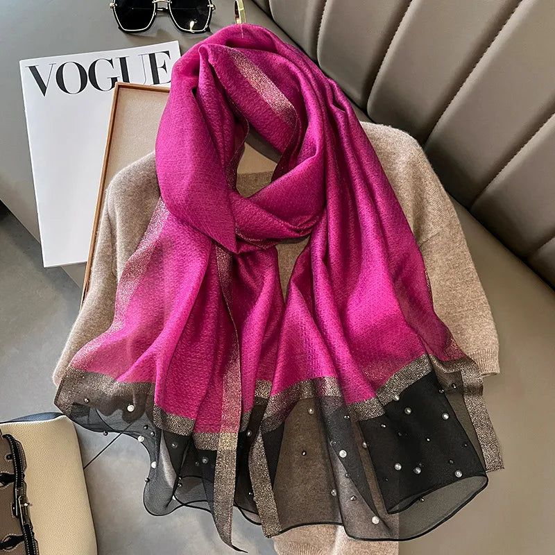 women's simple style color block satin pearl silk scarf