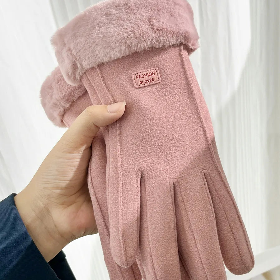 Gloves Women's Winter Velvet Thickened Warm  Cute Touch Screen De Velvet Fall/Winter Electric Car Cold-proof Riding Gloves