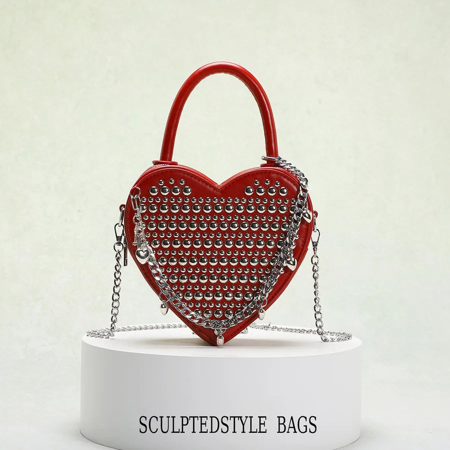 Women's Medium Pu Leather Solid Color Streetwear Rivet Heart-shaped Zipper Handbag Crossbody Bag