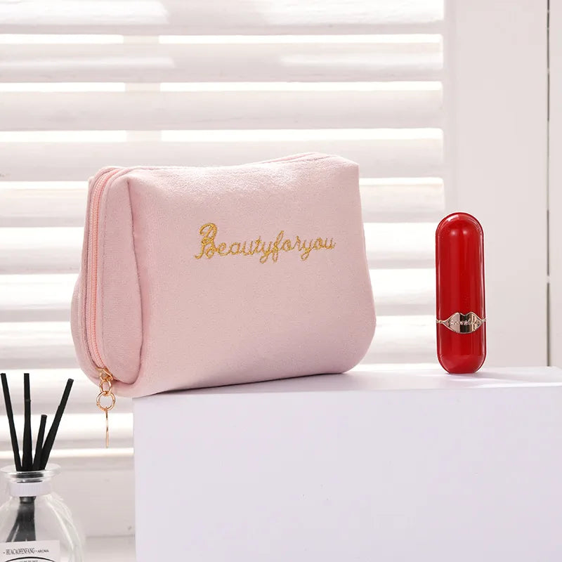 velvet zipper double layer large capacity cosmetic storage bag