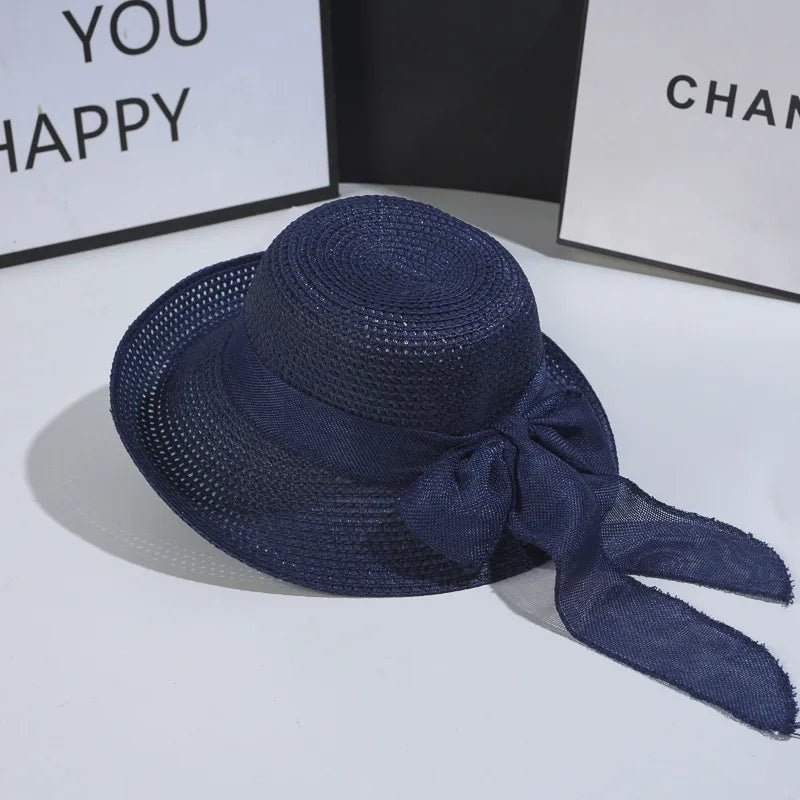 women's vintage style bow knot hollow out crimping straw hat